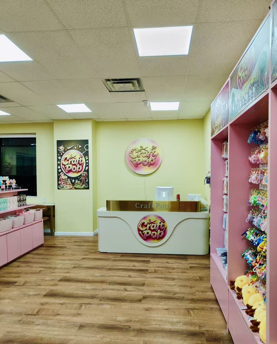 Craft Pop front desk with the pink Craft Pop logo in the Astoria, Queens studio